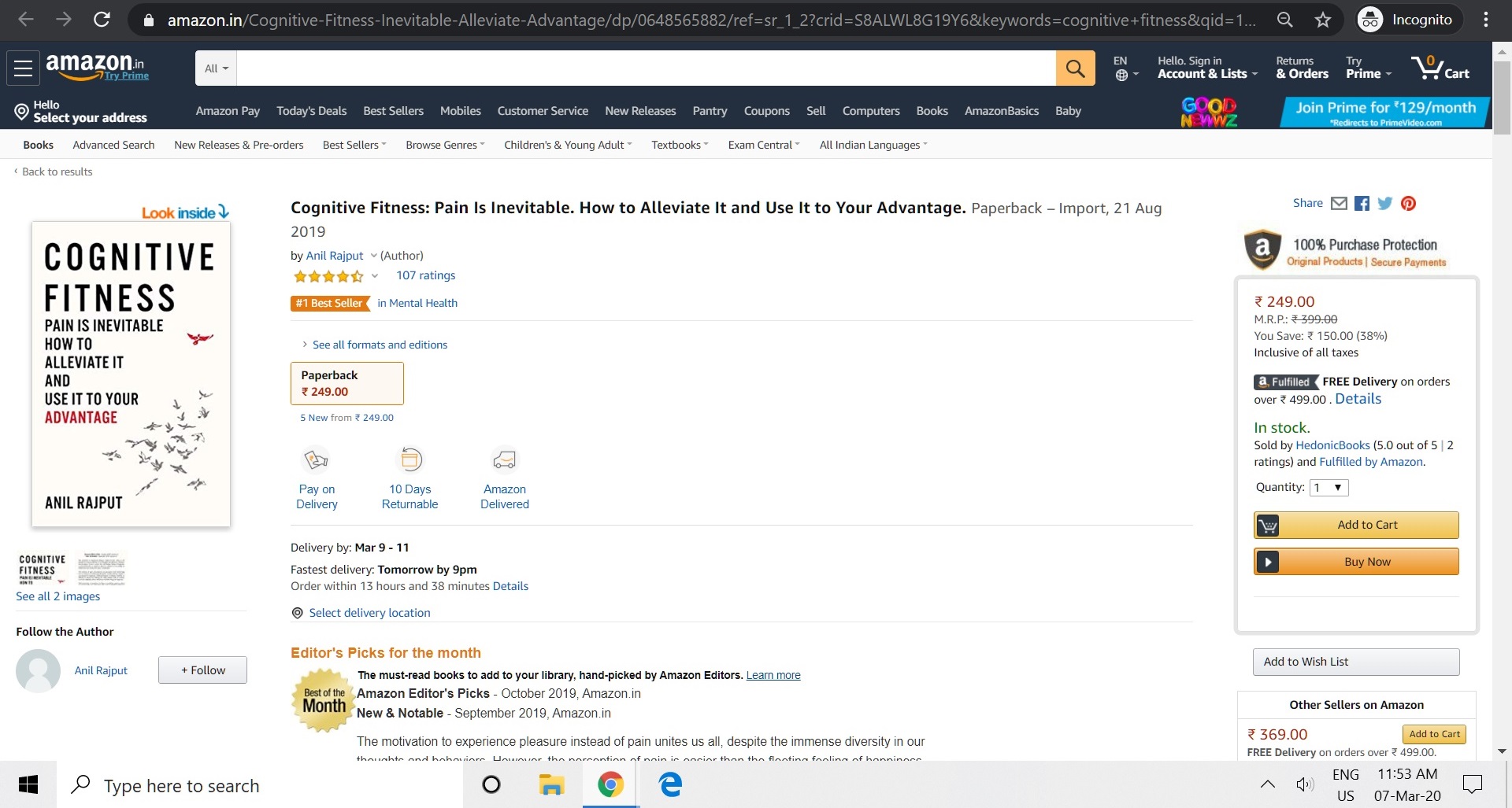 The book&rsquo;s Amazon.in listing showing the Best of the Month badge and the number one bestseller badge in Mental Health, captured in March 2020