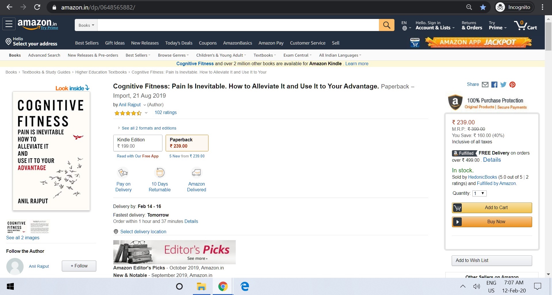 The book&rsquo;s Amazon.in listing with the Editor&rsquo;s Picks banner, captured in February 2020