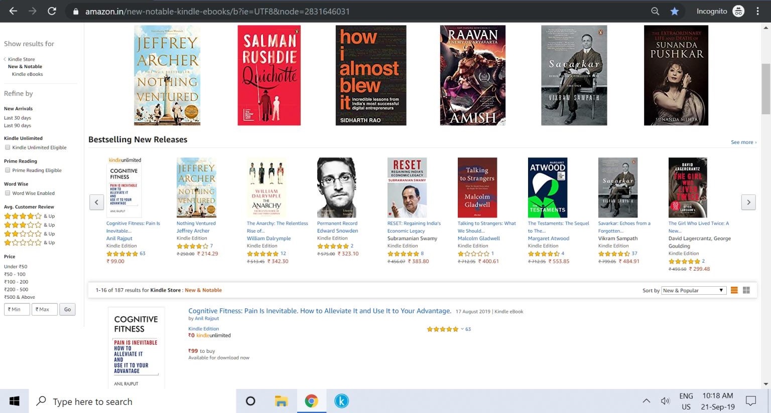 Amazon.in Kindle Store New & Notable listing, September 2019, with Cognitive Fitness first in the Bestselling New Releases row