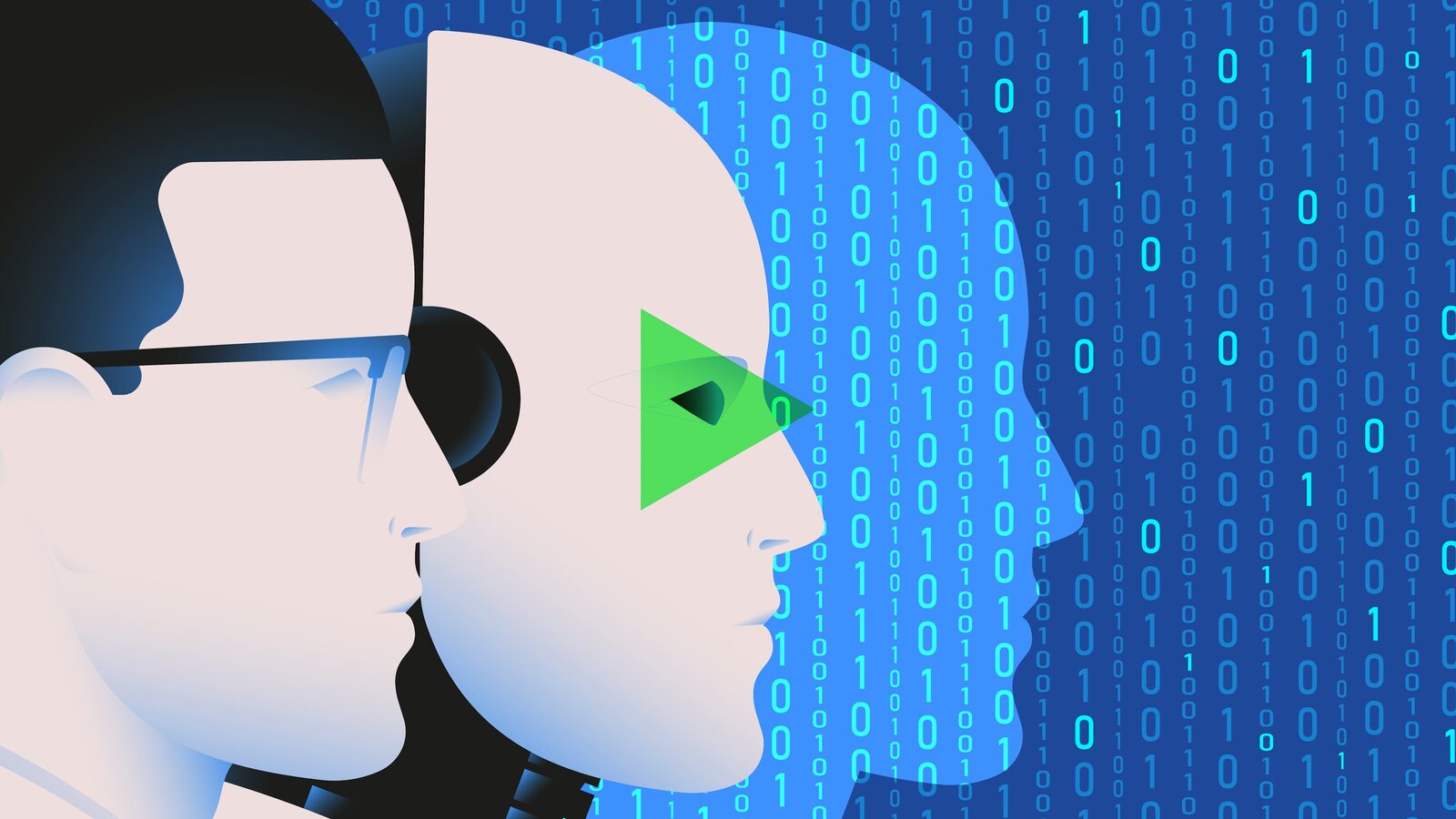 A human profile and a machine profile side by side, facing a field of falling binary digits
